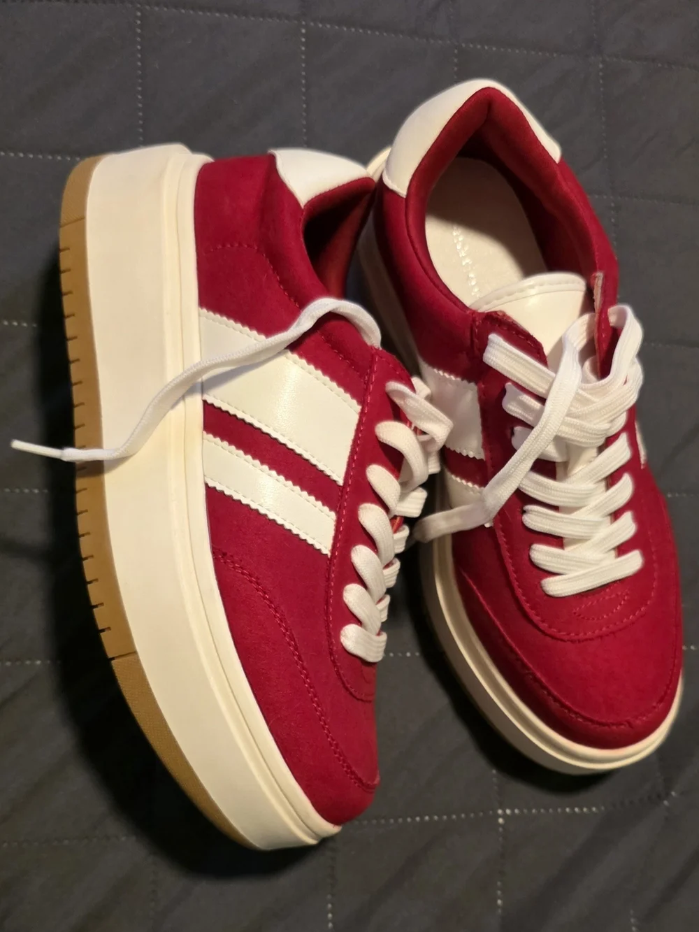 Women's Madden Girls Navida Red Platform Sneakers with White Stripes